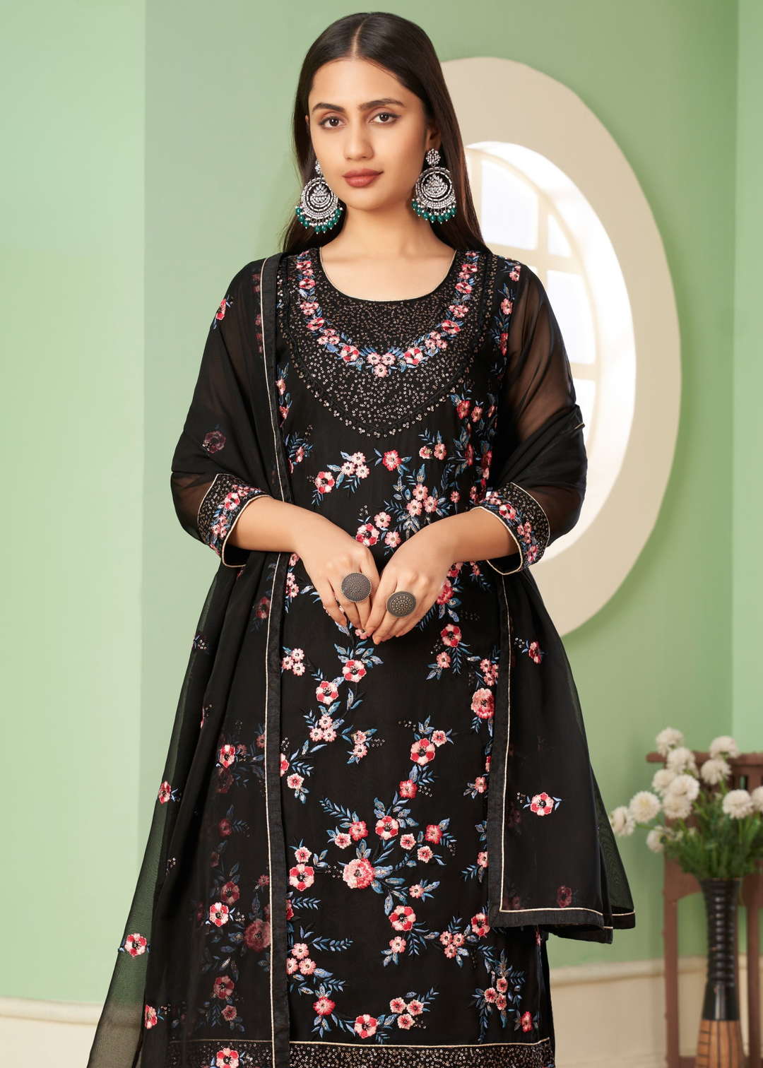 Pitch Black Georgette Salwar Suit with Multi Colour Thread Embroidery & Sequence work