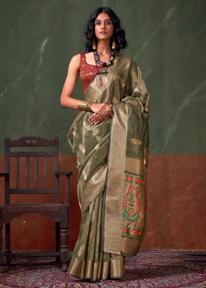 Verdun Green Paithani Tissue Silk Saree With Zari Work