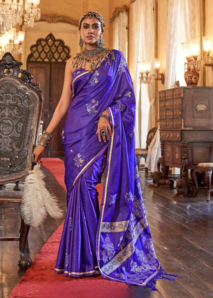 Lavender Pure Satin Handloom Weaving Silk Saree