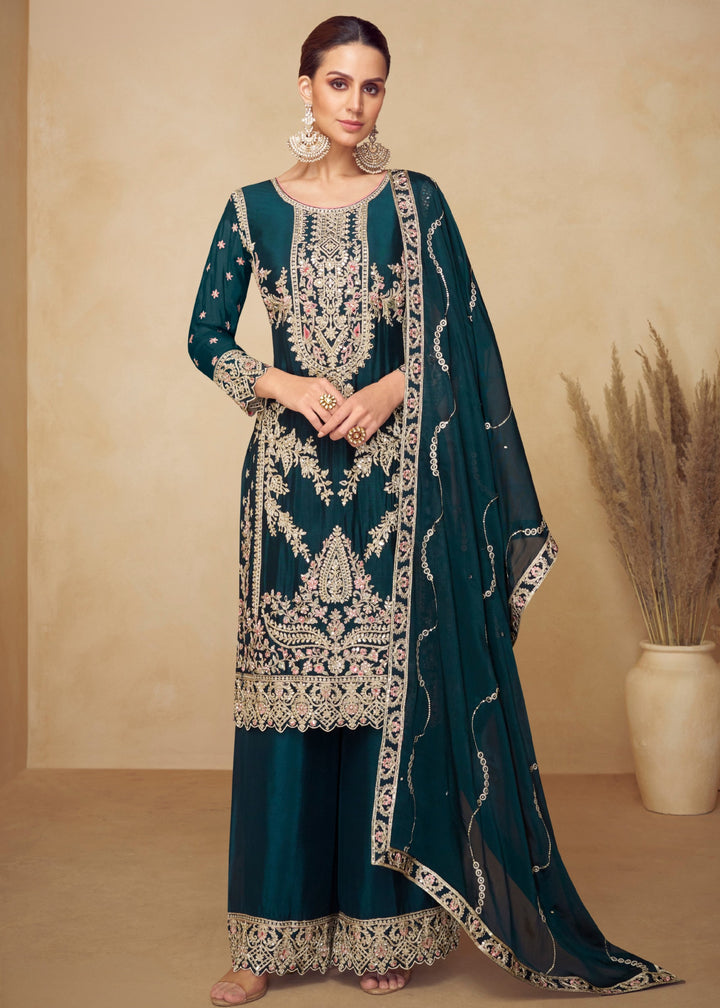Prussian Green Chinon Palazzo Silk Suit With Beautiful Embroidery Work