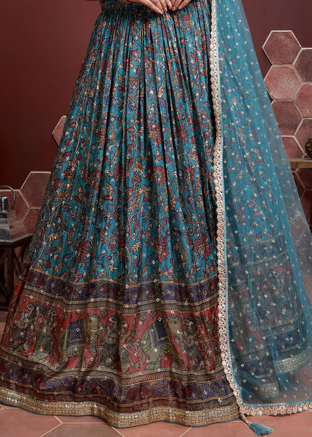 Azure Blue Floral Printed Chinon Silk Lehenga Choli with Sequins & Mirror work