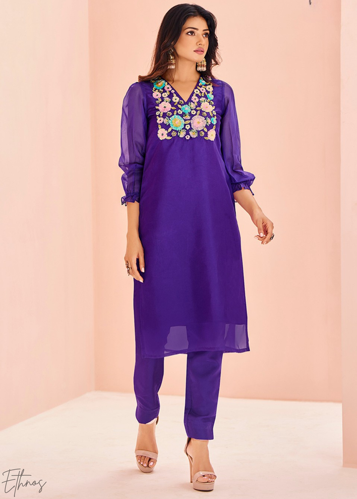 Electric Blue Embroidered Organza Pant Suit