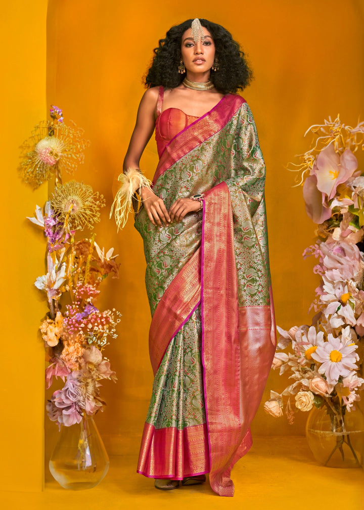 Red And Green Pure Dharamavaram Silk Saree