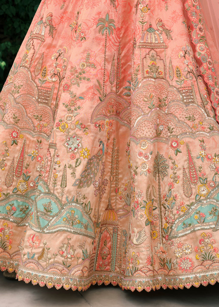 Peach Pink Fancy Silk Lehenga Choli With Cut Work Embroidery Border & Stone Work