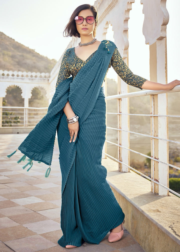 Prussian Blue Crush Silk Saree With Beautiful Blouse