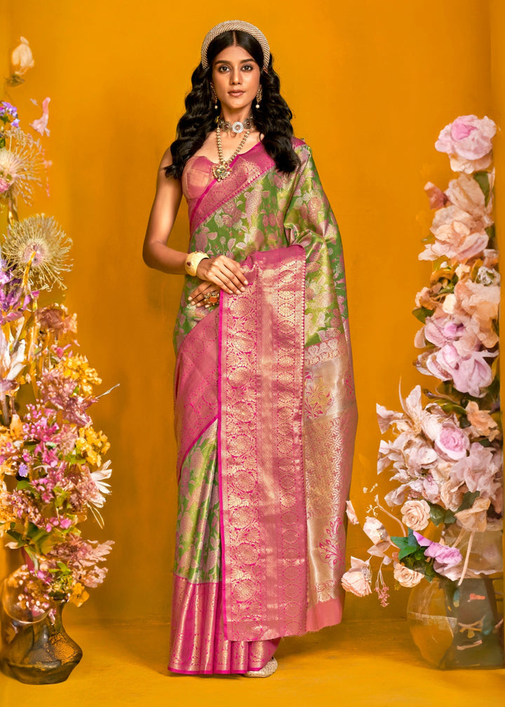 Pink And Green Pure Dharamavaram Silk Saree