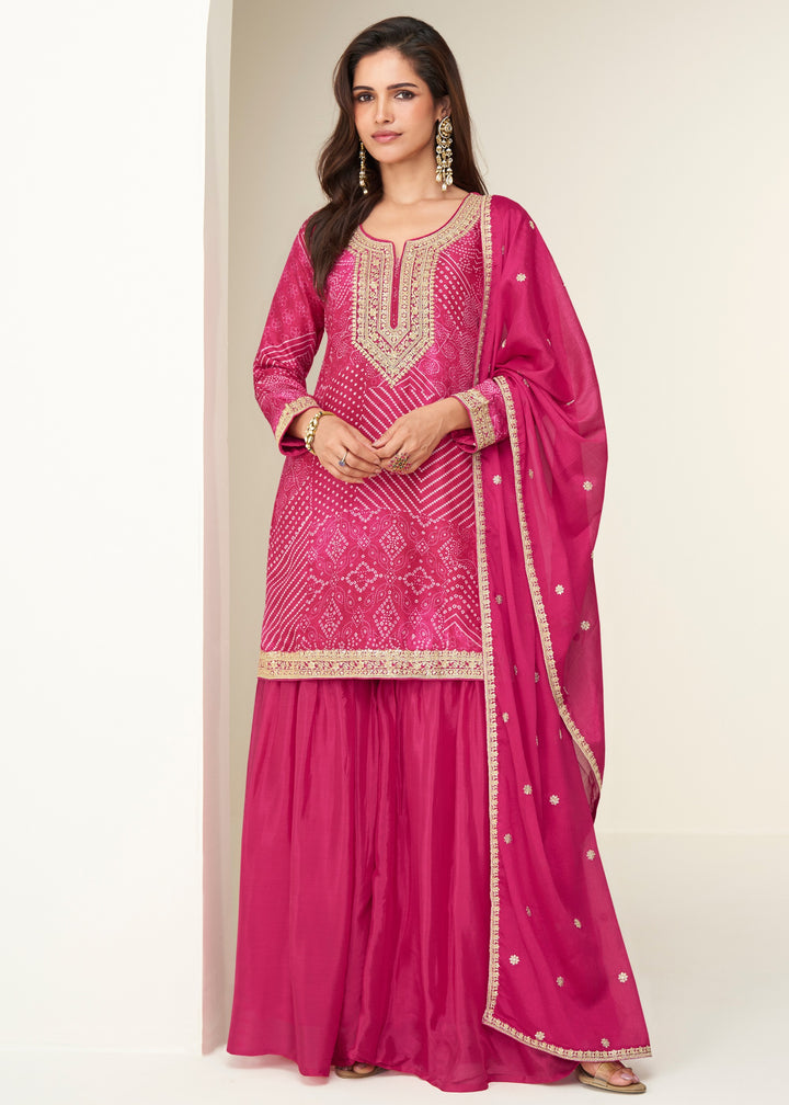 Deep Pink Chinon Silk Sharara Suit