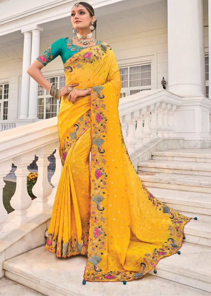 Yellow Natural Crape Saree With Moti Work