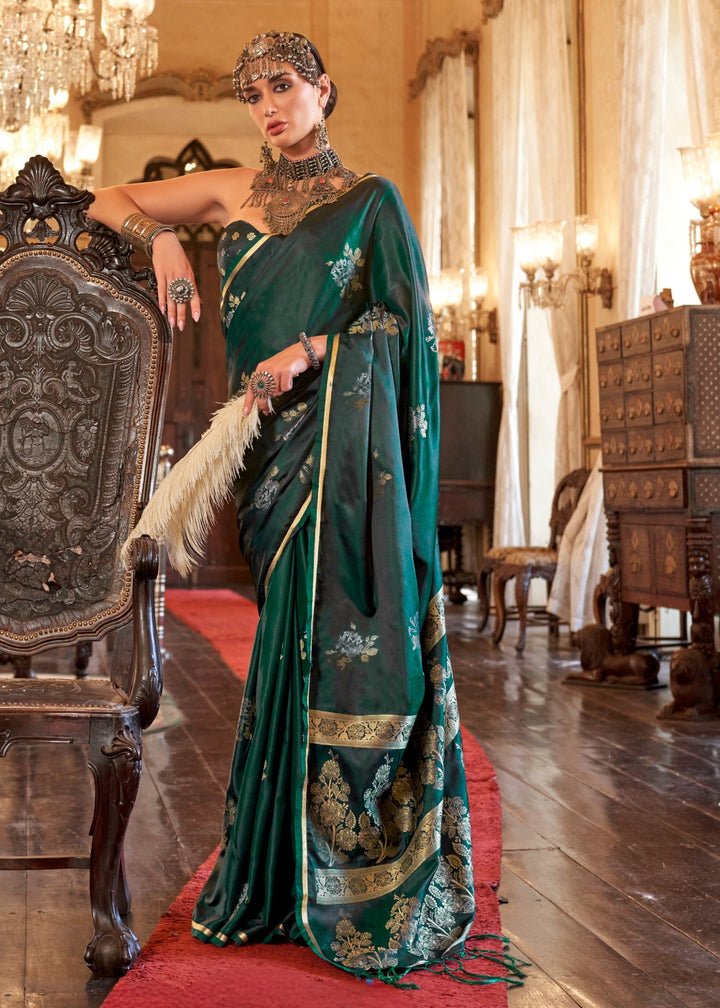 Dark Green Pure Satin Handloom Weaving Silk Saree