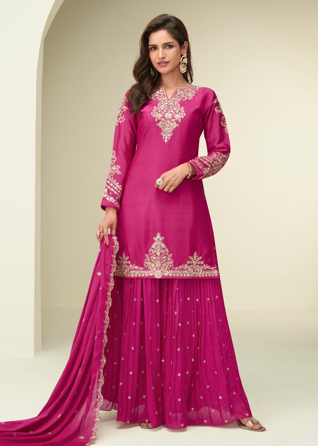 Bright Magenta/Pink With Golden Embroidery Chinnon Silk Salwar Suit Ethnos Bright Magenta/Pink With Golden Embroidery Chinnon Silk Salwar Suit Ethnos