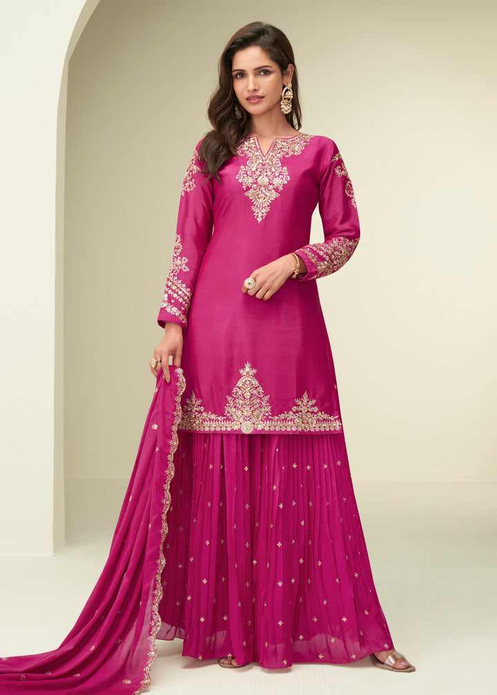 Bright Magenta/Pink With Golden Embroidery Chinnon Silk Salwar Suit
