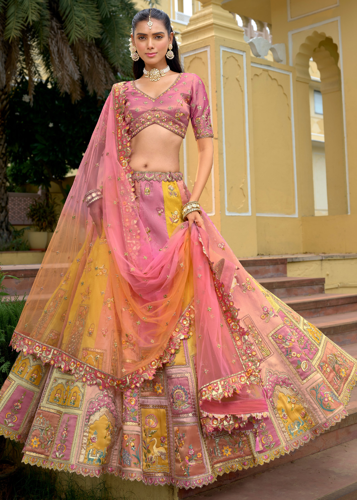 Baby Pink And Peach Silk Lehenga With Cut Work Border And Embroidery
