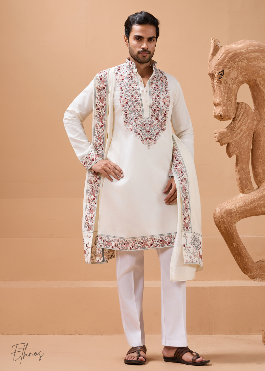 White Mens Wear Silk Kurta With Pant And Dupatta