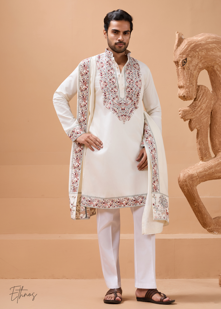 White Mens Wear Silk Kurta With Pant And Dupatta