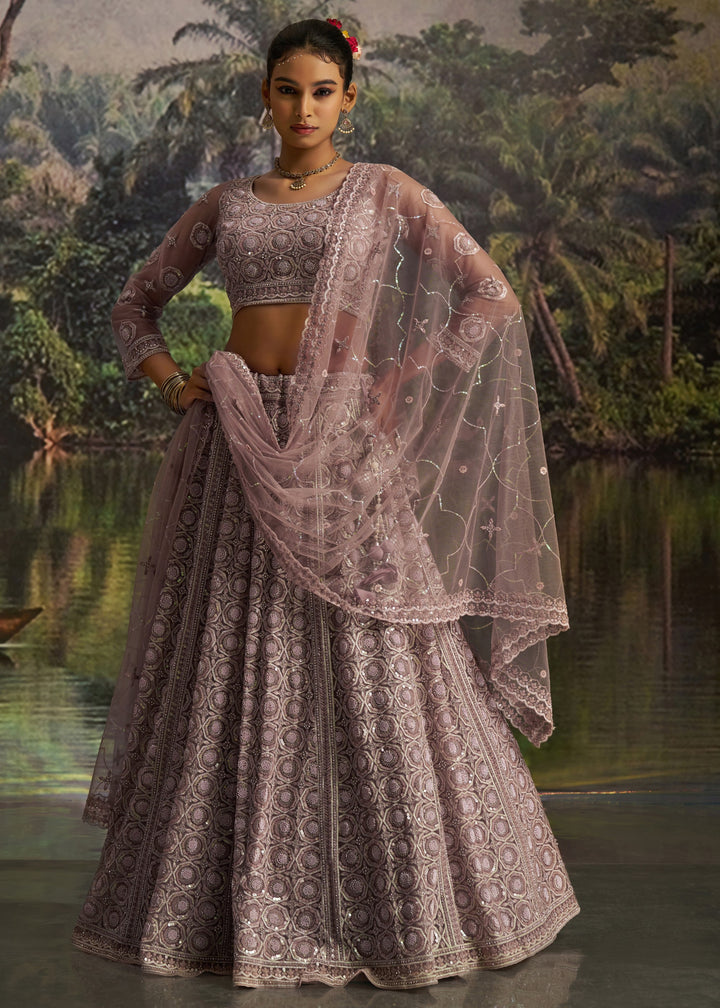 Mauve Soft Net Lehenga With Tonal Embroidery