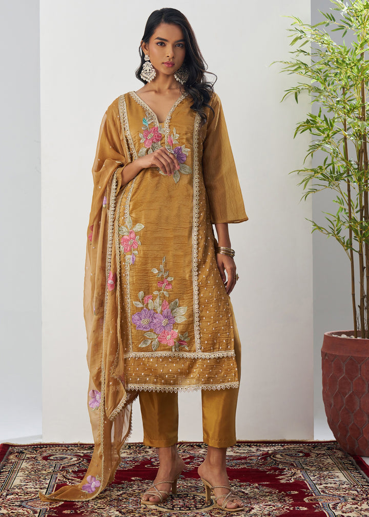 Gamboge Yellow Silk Pant Suit With Chiffon Dupatta