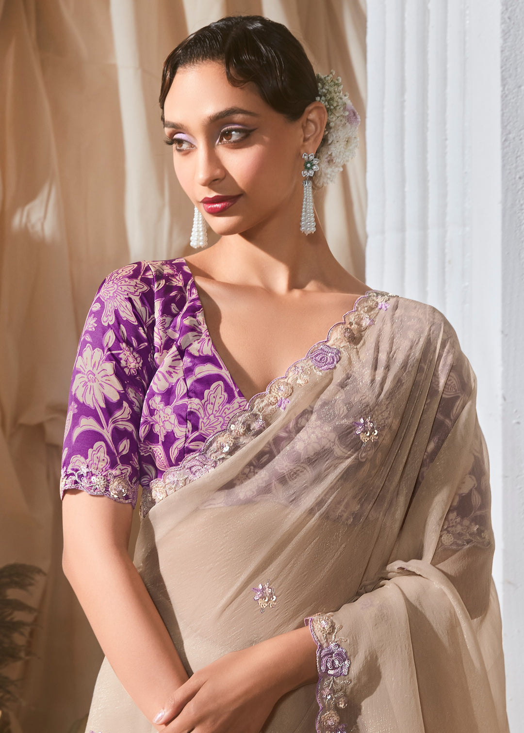 Trout Grey Fancy Silk Saree With Printed Blouse