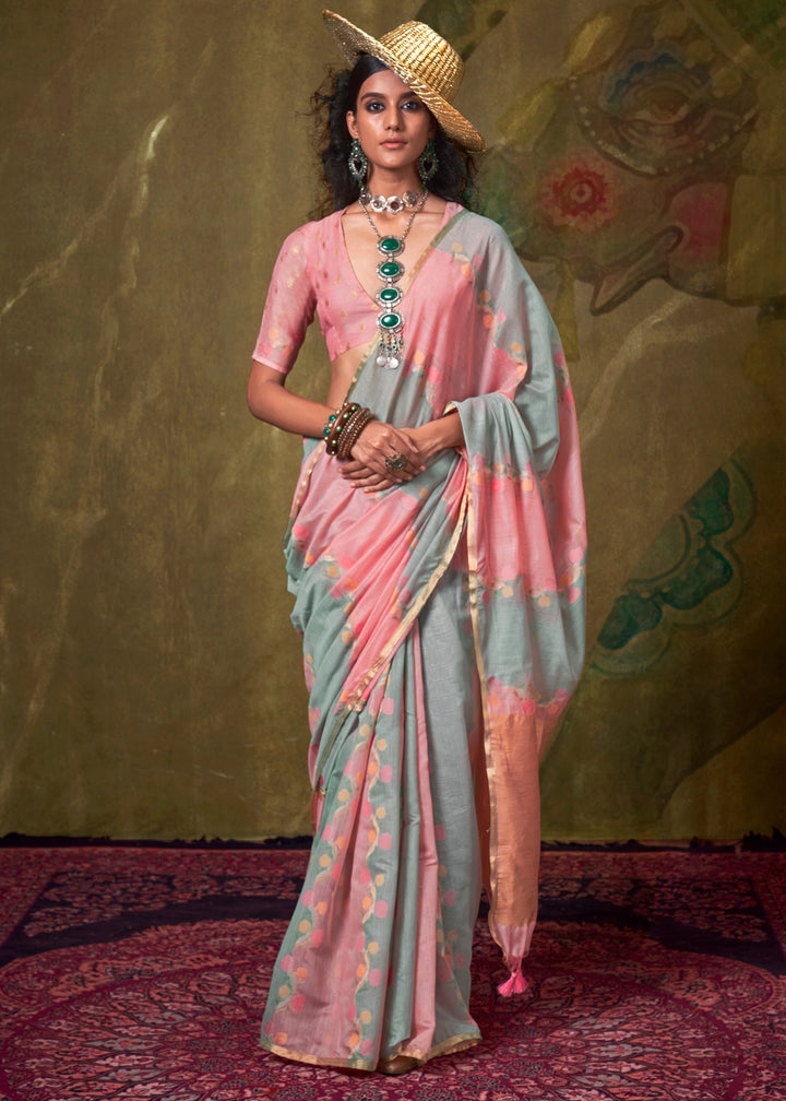 Pink And Blue Cotton Silk Saree With Rangkaat Handloom Weaving