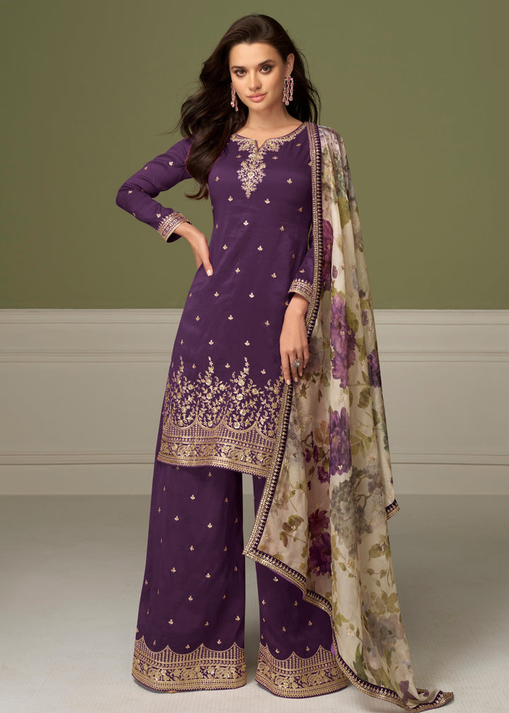 Dark Purple Palazzo Silk Suit With Floral Dupatta