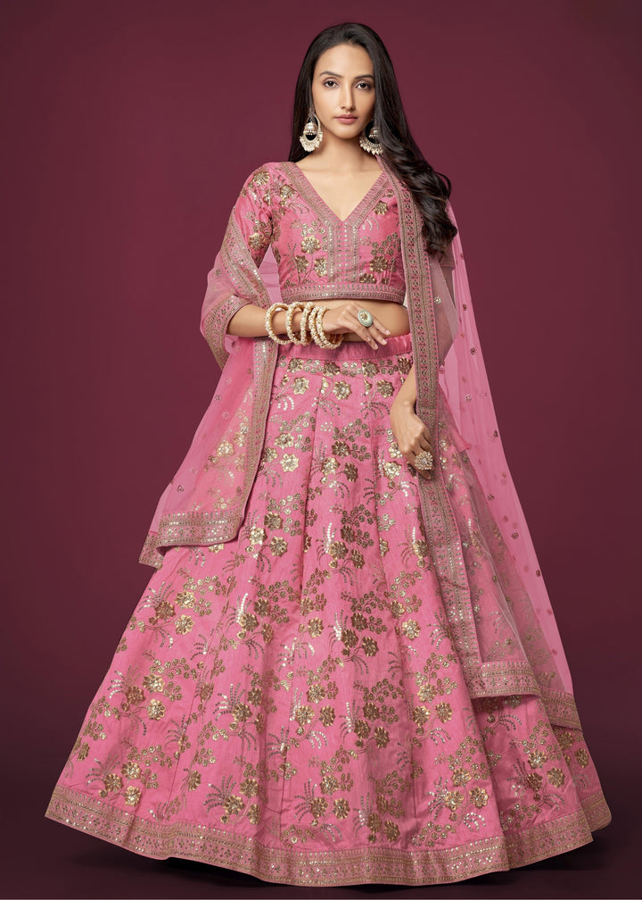 Pink Slub Silk Lehenga with Zari Sequins and Dori Embroidery Work