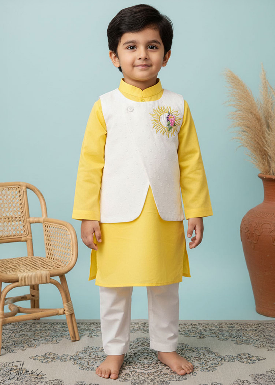 Organic Cotton Yellow & White kurta Set with Jacket - Sun