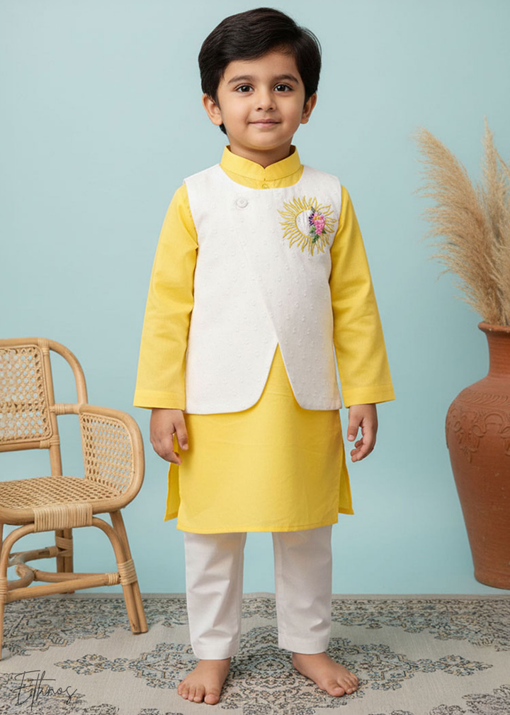 Organic Cotton Yellow & White kurta Set with Jacket - Sun