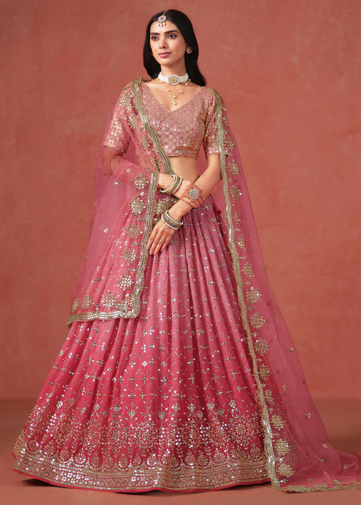Peach Sequins Zari Embroidered Work Georgette Lehenga