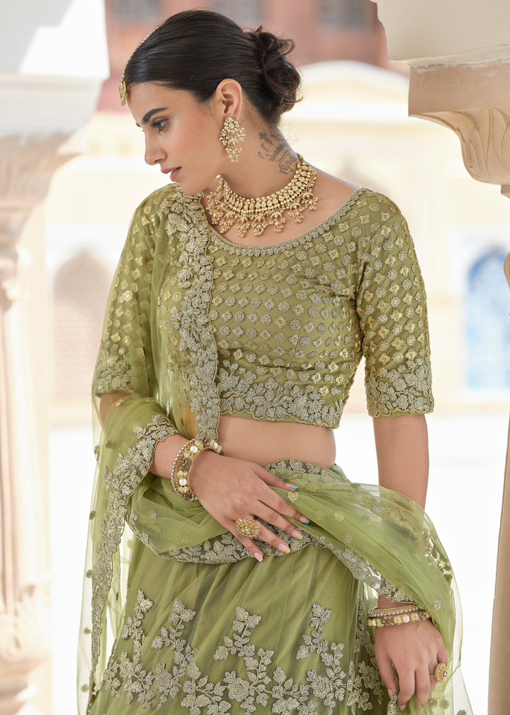 Olive Green Soft Net Lehenga Choli with Dori & Sequins work