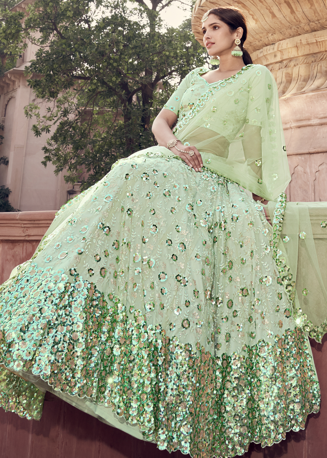 Mint Green Designer Soft Net Lehenga Choli with Sequins & Thread work