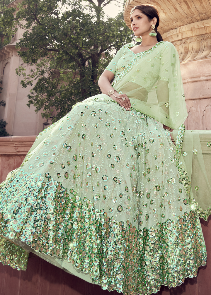 Mint Green Designer Soft Net Lehenga Choli with Sequins & Thread work