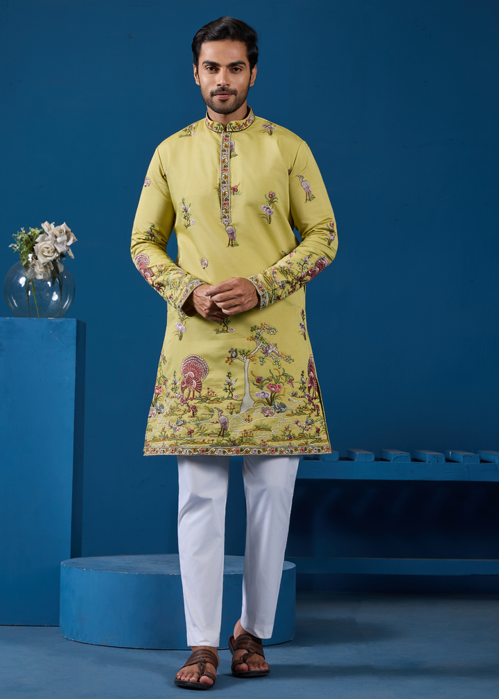 Chartreuse Yellow Mens Wear Kurta with Pant