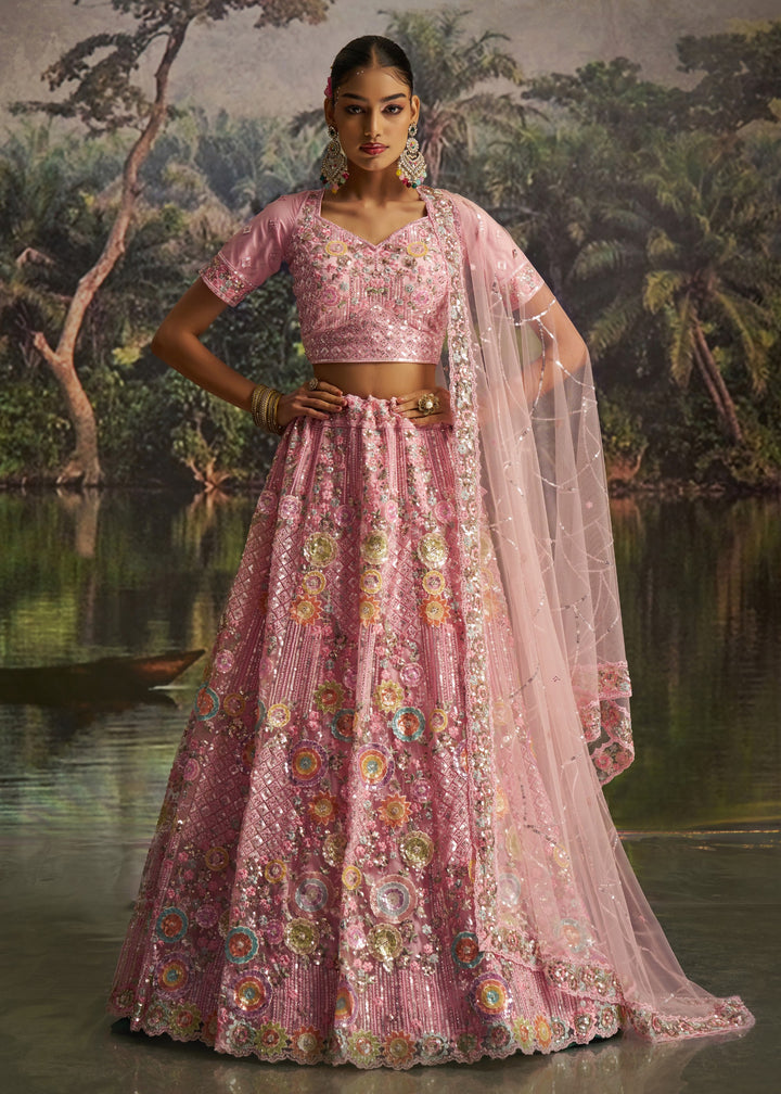 Bright Pink Soft Net Lehenga With Multicolor Floral Embroidery