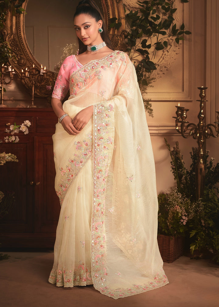 Ivory Tissue Organza Saree With Heavy Embroidery