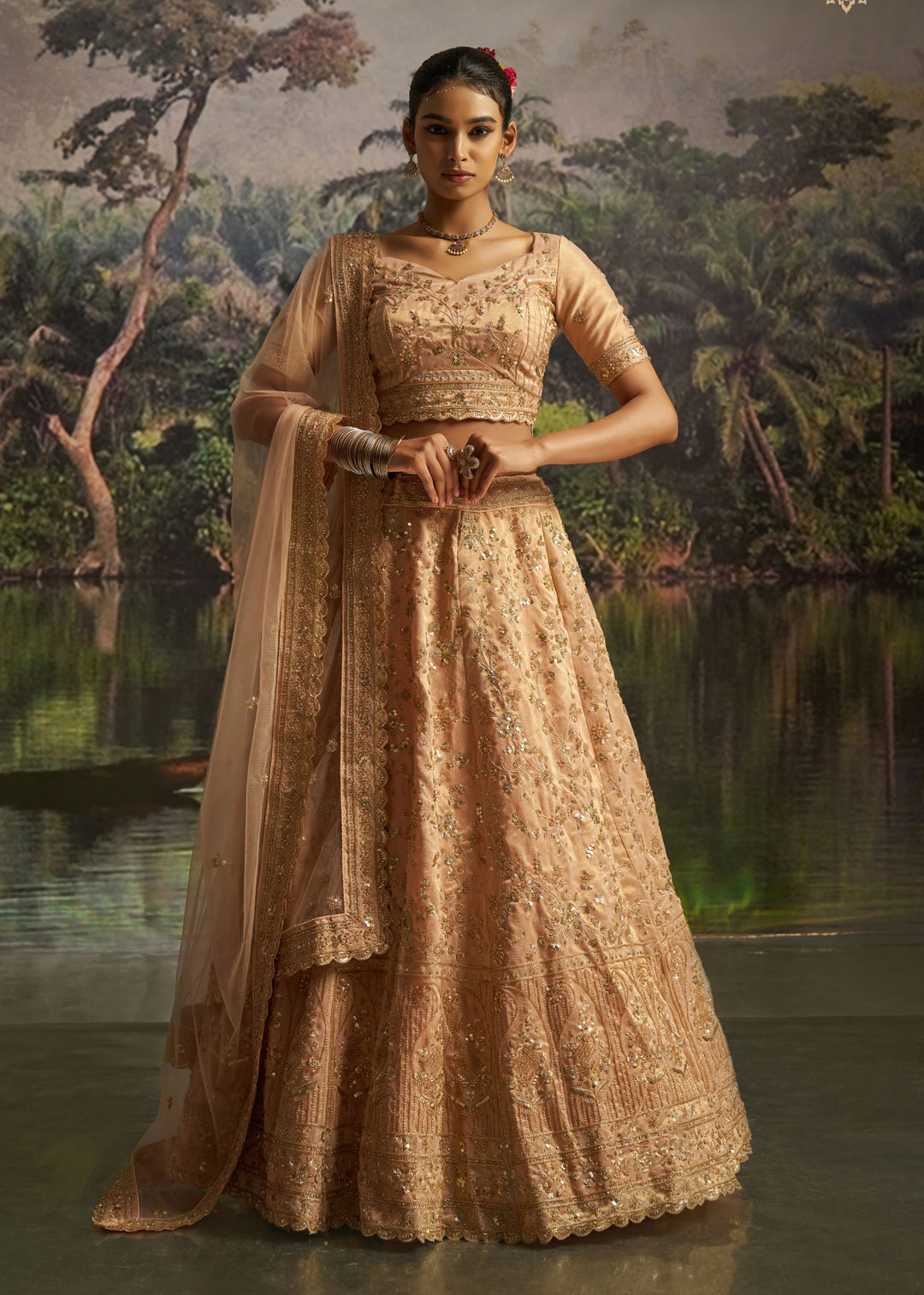 Peachy Rose Gold Gota Silk Lehenga With Embroidery