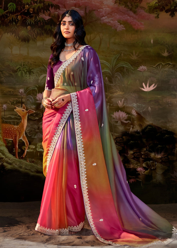 Purple And Multi-Shade Saree With Embroidery And Handwork Designer Cut Border