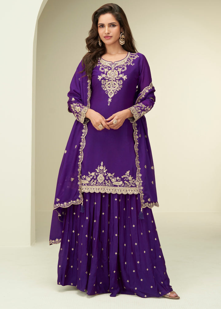 Deep Royal Purple With Golden Embroidery Chinnon Silk Salwar Suit