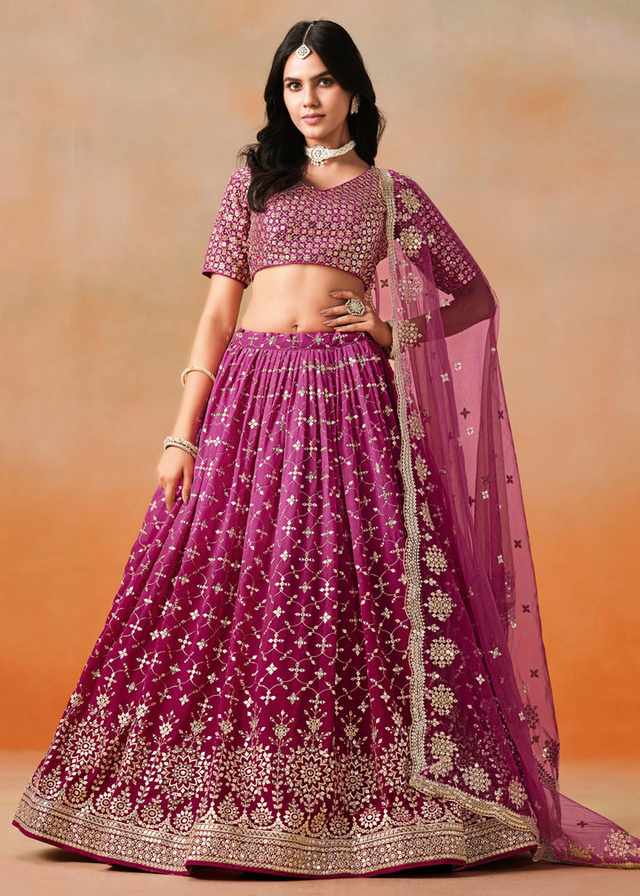 Red Pink Sequins Zari Embroidered Work Georgette Lehenga