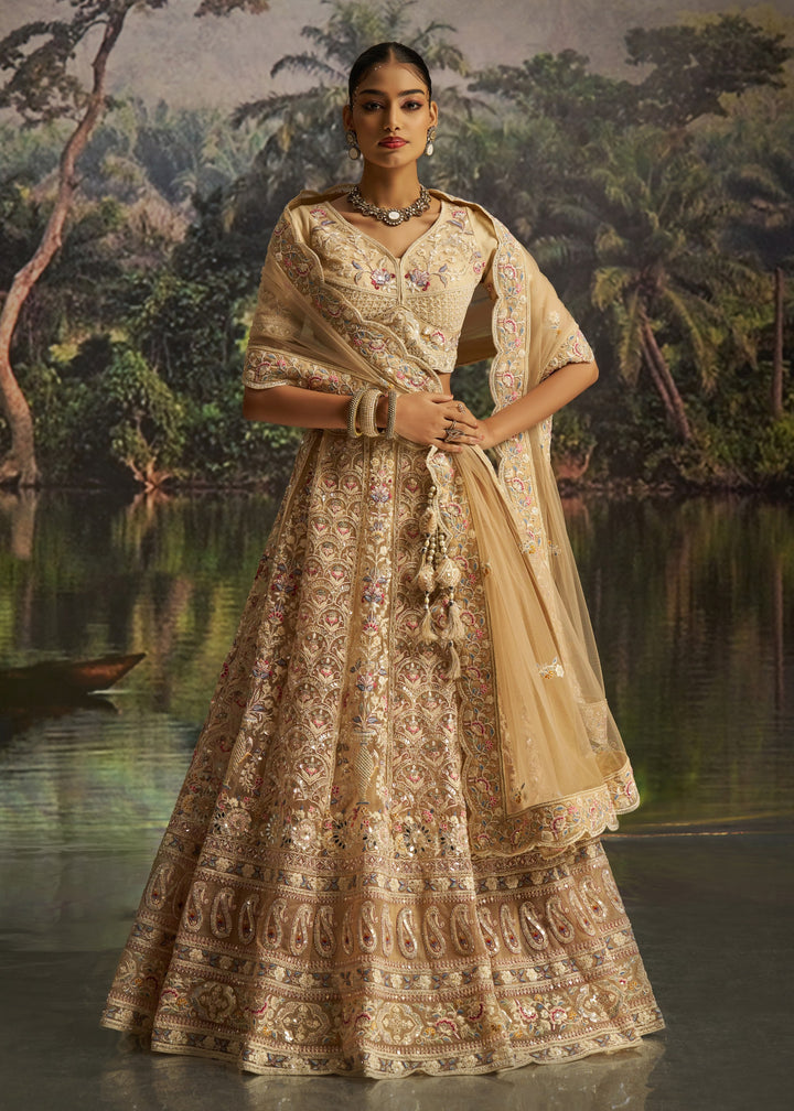 Cream Soft Net Lehenga With Multicolor Embroidery