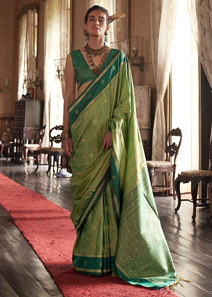 Light Green Tussar Silk Handloom Weaving Saree