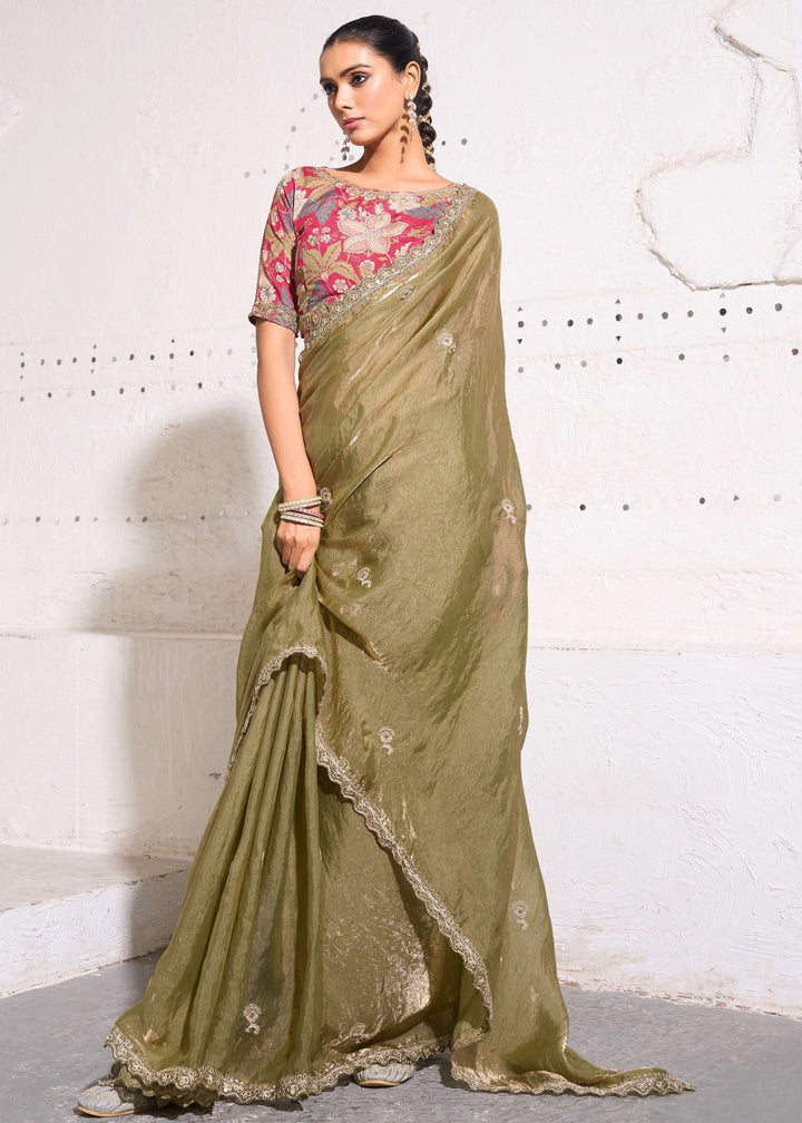 Moss Green Gold Crush Tissue Silk Saree With Beautiful Blouse