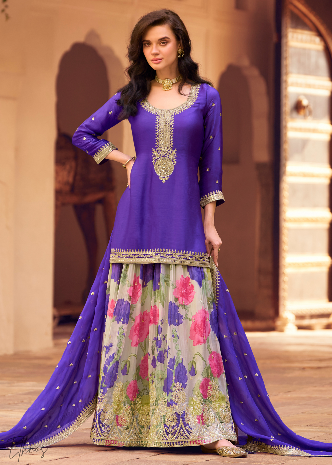 Amethyst Purple Chinon Silk Sharara Suit