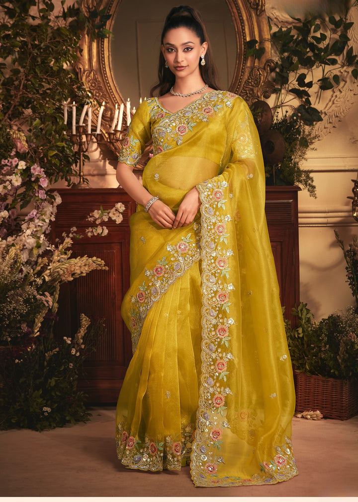 Mustard Yellow Tissue Organza Saree With Heavy Embroidery