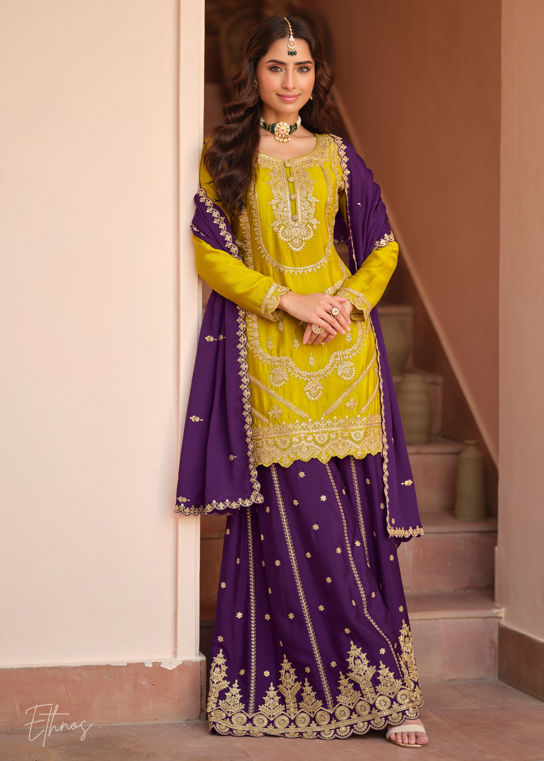 Mustard Yellow And Deep Purple Silk Salwar Suit