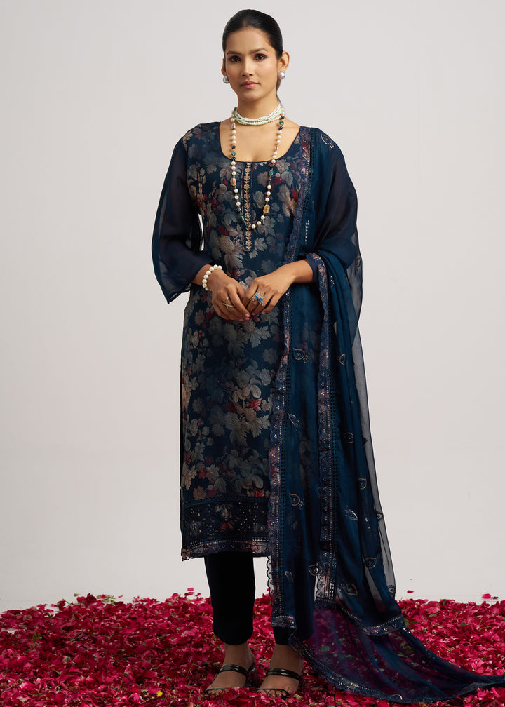 Indigo Blue Organza Pant Style Suit WIth Chiffon Dupatta