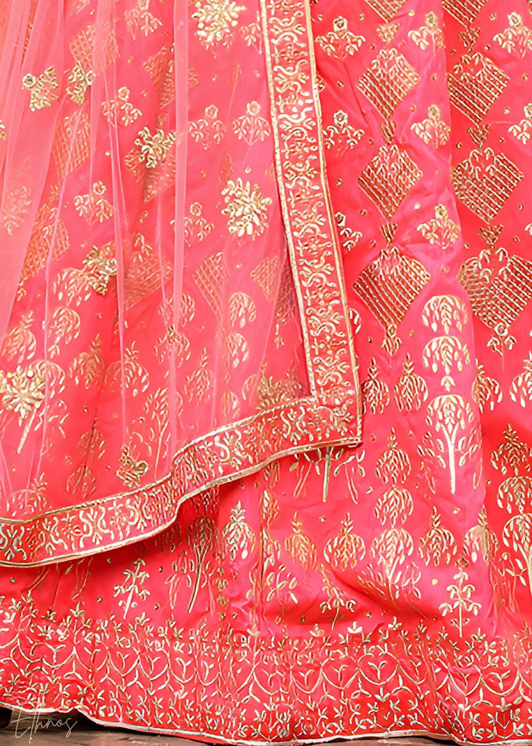 Peach Pink Slub Silk Lehenga With Dupatta