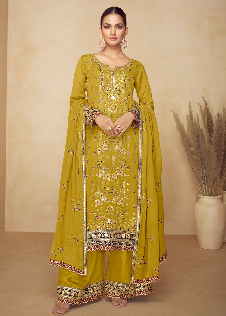 Citrine Yellow Chinon Palazzo Silk Suit With Beautiful Embroidery Work
