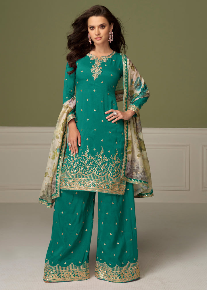 Deep Emerald Green Palazzo Silk Suit With Floral Dupatta