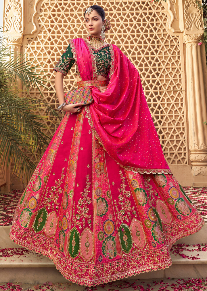 Hunter Green & Pink Banarasi Silk Lehenga Choli With Zarkan And Cut Work