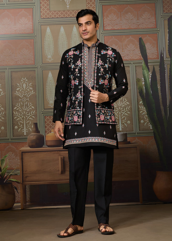 Jet Black Mens Wear Koti Style with Silk Kurta and Pajama