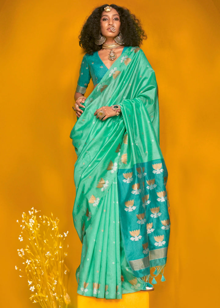 Seagreen Tussar Silk Saree